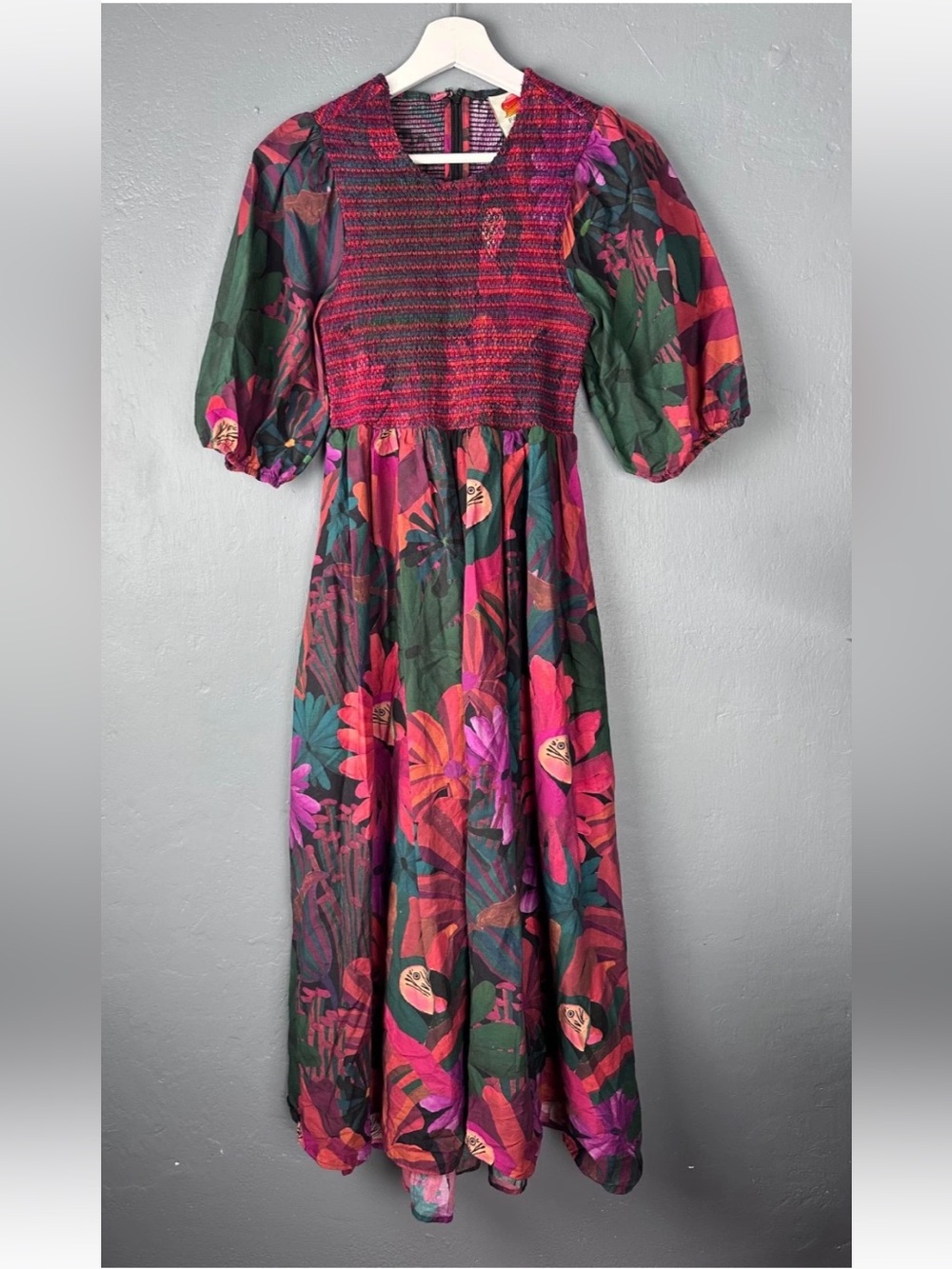 Farm Rio Sz Small Burgundy Bird & Flowers Smocked Midi Dress